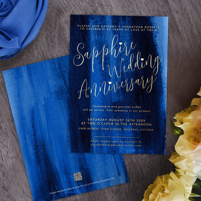 Sapphire blue abstract 45th wedding anniversary foil invitation (Creator Uploaded)