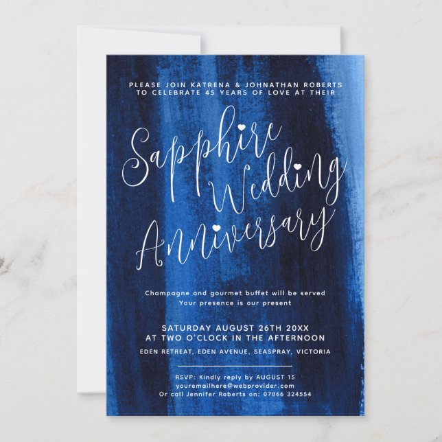 Sapphire blue abstract 45th wedding anniversary invitation (Front)
