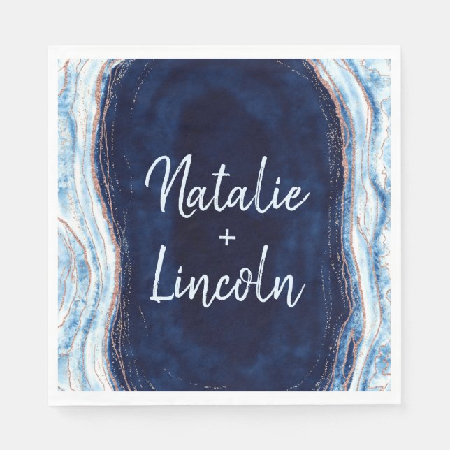 Sapphire Blue Agate Geode Wedding Monogram Dinner Napkins (Front)