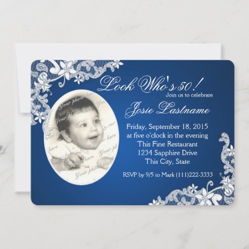 Sapphire Blue and Floral Lace Photo Birthday Invitation