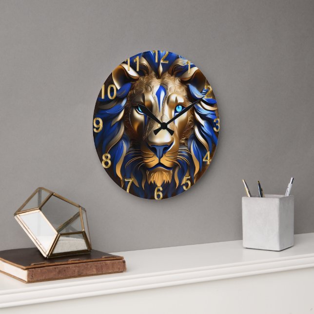 Sapphire Blue And Gold Lion, Large Clock (Office)