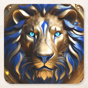 Sapphire Blue And Gold Lion, Square Paper Coaster