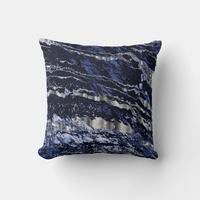 Sapphire Blue and Silver Abstract Marble Throw Pillow (Front)