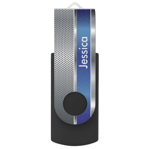 Sapphire Blue and Silver Mesh Metal Print Flash Drive