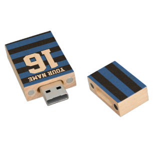 Sapphire Blue Black Sports Jersey Preppy Stripe Wood USB Flash Drive