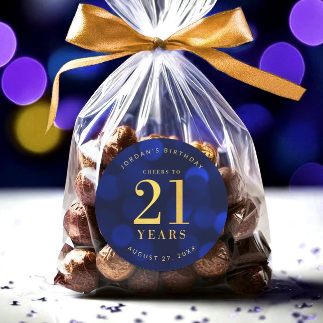 Sapphire Blue Bokeh Cheers to 21 Years Birthday Classic Round Sticker (Creator Uploaded)