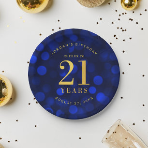 Sapphire Blue Bokeh Cheers to 21 Years Birthday Paper Plates