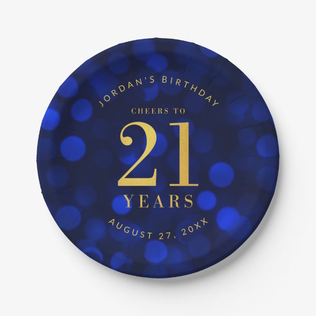 Sapphire Blue Bokeh Cheers to 21 Years Birthday Paper Plates (Front)