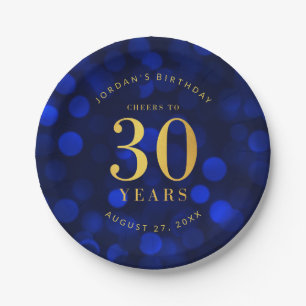 Sapphire Blue Bokeh Cheers to 30 Years Birthday Paper Plates