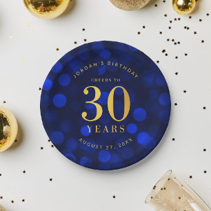 Sapphire Blue Bokeh Cheers to 30 Years Birthday Paper Plates