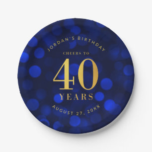 Sapphire Blue Bokeh Cheers to 40 Years Birthday Paper Plates