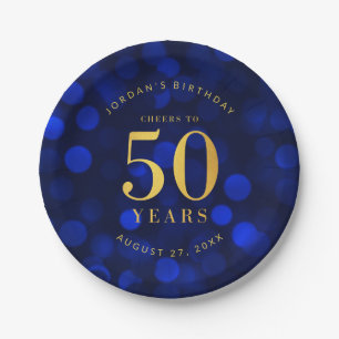 Sapphire Blue Bokeh Cheers to 50 Years Birthday Paper Plates