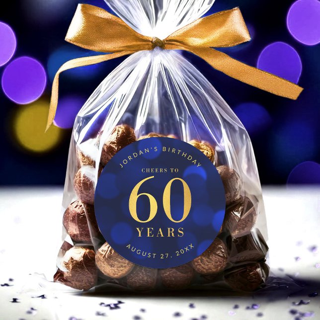 Sapphire Blue Bokeh Cheers to 60 Years Birthday Classic Round Sticker (Creator Uploaded)