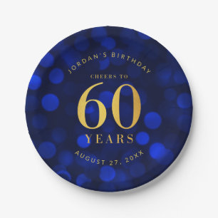 Sapphire Blue Bokeh Cheers to 60 Years Birthday Paper Plates