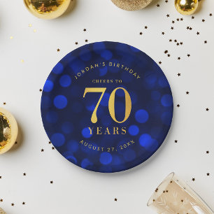 Sapphire Blue Bokeh Cheers to 70 Years Birthday Paper Plates