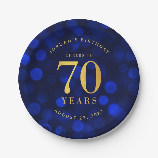 Sapphire Blue Bokeh Cheers to 70 Years Birthday Paper Plates (Front)