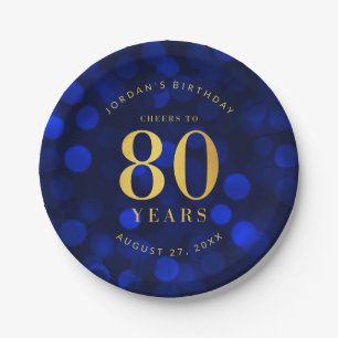 Sapphire Blue Bokeh Cheers to 80 Years Birthday Paper Plates