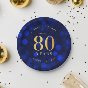 Sapphire Blue Bokeh Cheers to 80 Years Birthday Paper Plates