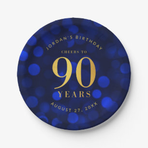 Sapphire Blue Bokeh Cheers to 90 Years Birthday Paper Plates