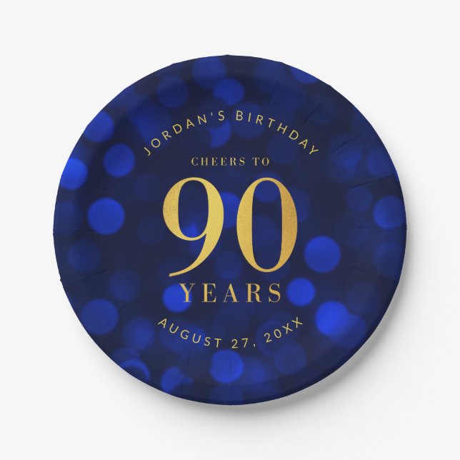 Sapphire Blue Bokeh Cheers to 90 Years Birthday Paper Plates (Front)