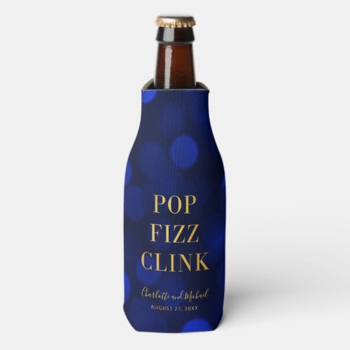 Sapphire Blue Bokeh Faux Gold Pop Fizz Clink Bottle Cooler