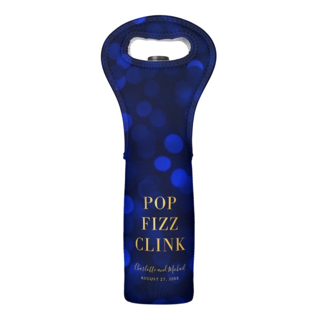 Sapphire Blue Bokeh Faux Gold Pop Fizz Clink Wine Bag (Front)