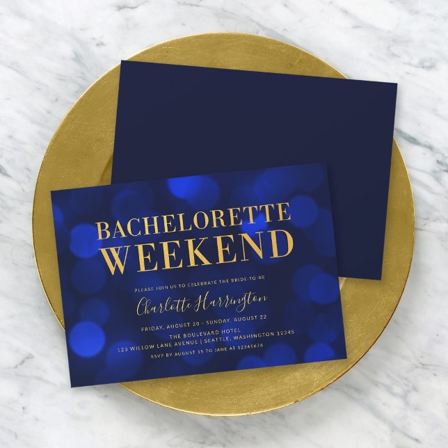 Sapphire Blue Bokeh Lights Bachelorette Weekend Invitation (Creator Uploaded)