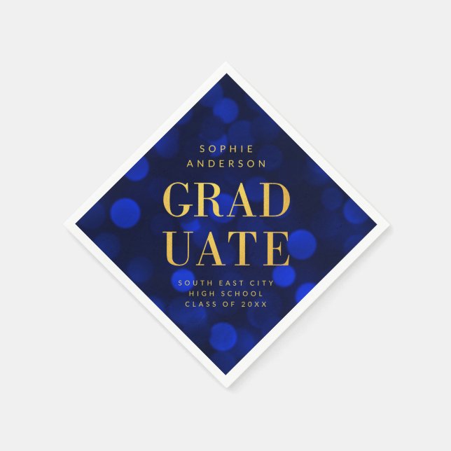 Sapphire Blue Bokeh Lights Faux Gold Graduate Napkins (Corner)