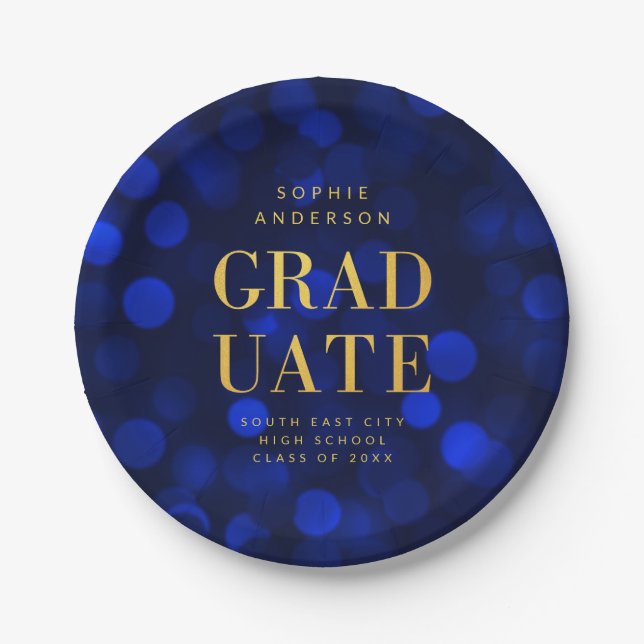 Sapphire Blue Bokeh Lights Faux Gold Graduate Paper Plates (Front)