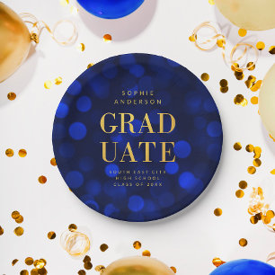 Sapphire Blue Bokeh Lights Faux Gold Graduate Paper Plates