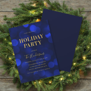 Sapphire Blue Bokeh Lights Faux Gold Holiday Party Invitation