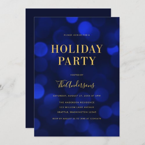 Sapphire Blue Bokeh Lights Faux Gold Holiday Party Invitation