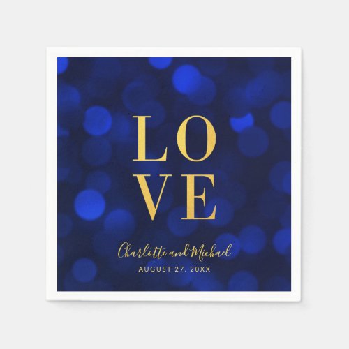 Sapphire Blue Bokeh Lights Faux Gold Love Napkins