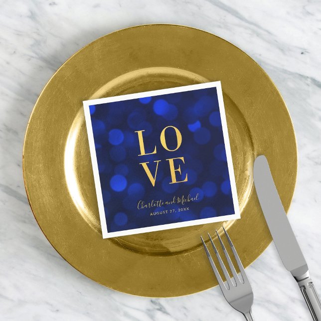 Sapphire Blue Bokeh Lights Faux Gold Love Napkins (Creator Uploaded)
