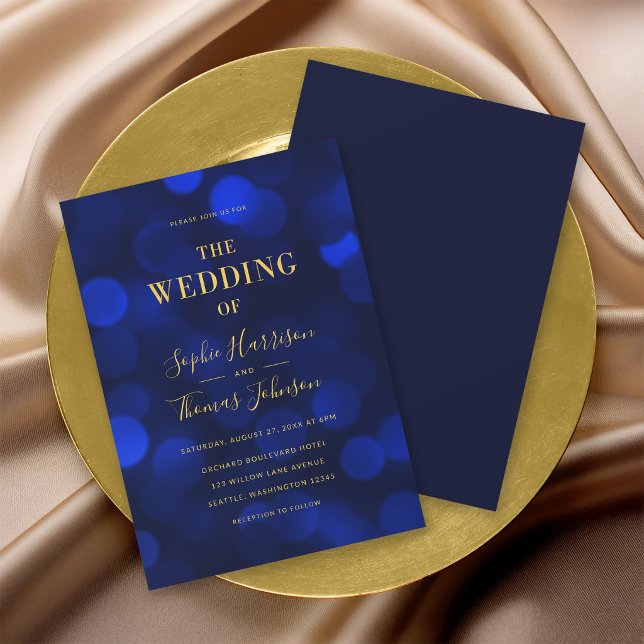 Sapphire Blue Bokeh Lights Faux Gold Wedding Invitation (Creator Uploaded)