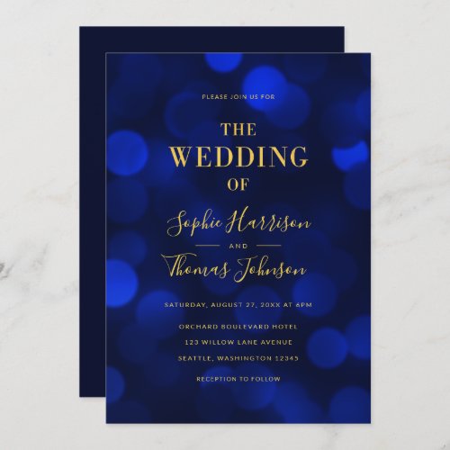 Sapphire Blue Bokeh Lights Faux Gold Wedding Invitation