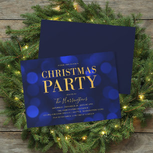 Sapphire Blue Bokeh Lights Gold Christmas Party Invitation