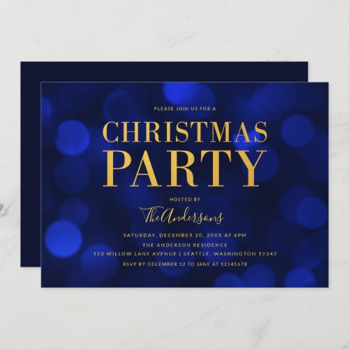 Sapphire Blue Bokeh Lights Gold Christmas Party Invitation