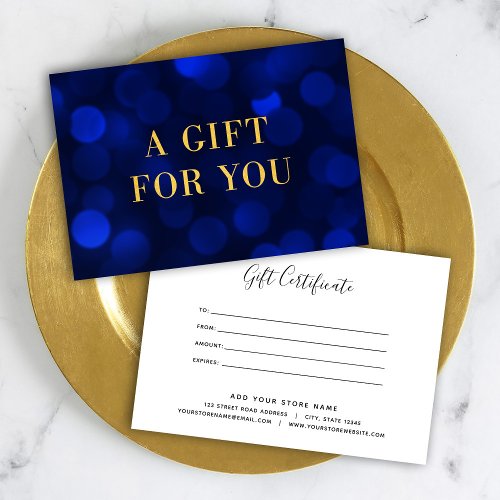 Sapphire Blue Bokeh Lights Gold Gift Certificate