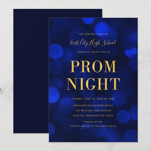 Sapphire Blue Bokeh Lights Gold High School Prom Invitation (Front/Back)
