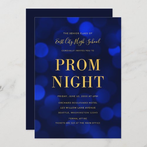 Sapphire Blue Bokeh Lights Gold High School Prom Invitation