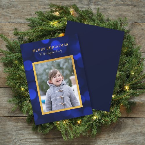 Sapphire Blue Bokeh Lights Gold Merry Christmas Holiday Card