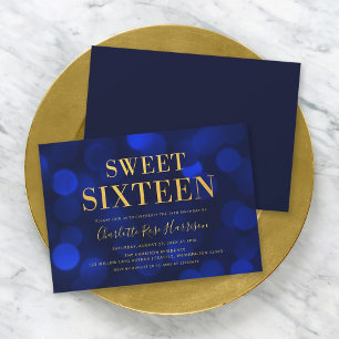Sapphire Blue Bokeh Lights Sweet Sixteen Birthday Invitation