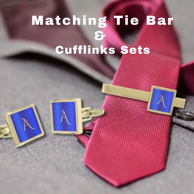 Sapphire Blue Brushed Metal Gold Monogram Initials Cufflinks (Creator Uploaded)