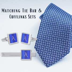 Sapphire Blue Brushed Metal Monogram Initials Silver Finish Tie Bar