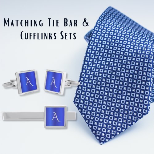 Sapphire Blue Brushed Metal Monogram Initials Silver Finish Tie Bar