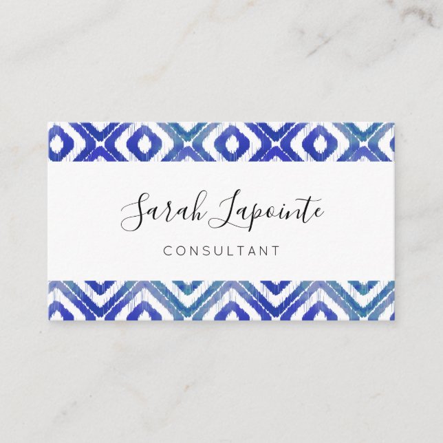 Sapphire Blue Chic & Elegant Ikat Pattern Business Card (Front)