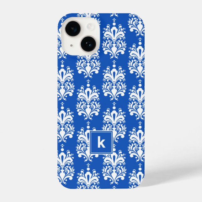 Sapphire Blue Damask Pattern Monogram iPhone Case (Back)