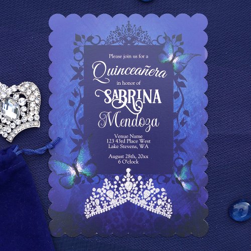Sapphire Blue Diamond Tiara Butterfly Quinceanera Invitation