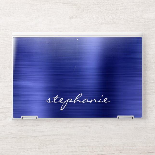 Sapphire Blue Faux Brushed Metal Personalized HP Laptop Skin (Front)
